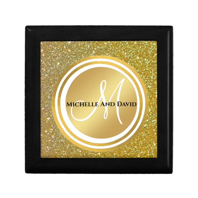 Gold Glitter and sparkle Black Monogram Newlywed Gift Box (Front)