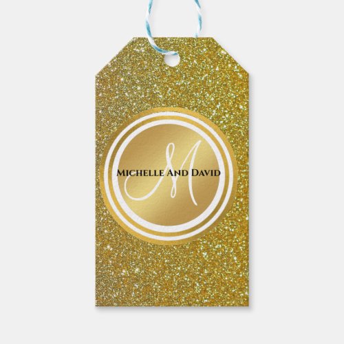 Gold Glitter and sparkle Black Monogram Newlywed Gift Tags