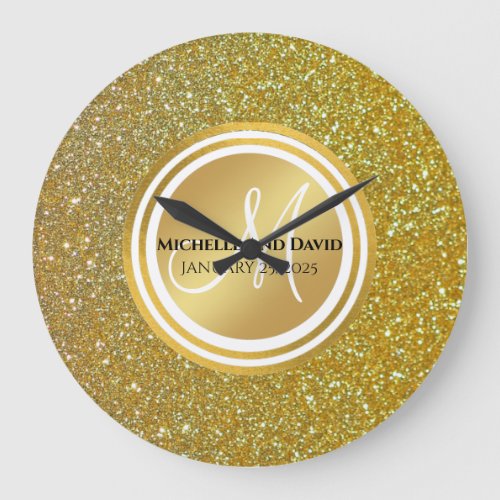 Gold Glitter and sparkle Black Monogram Newlywed  Large Clock