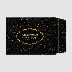 Gold glitter and sparkles on black envelope mailers