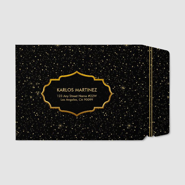 Gold glitter and sparkles on black envelope mailers (Front)