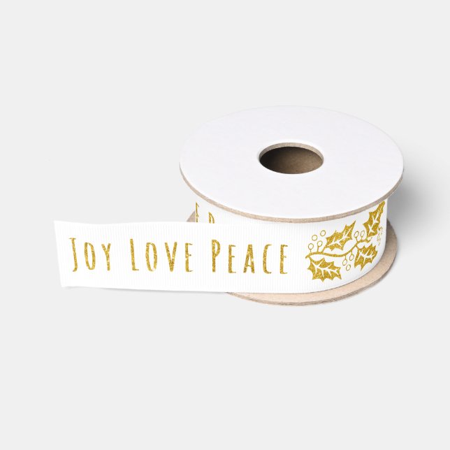 Gold glitter and stylized holly berry Christmas Grosgrain Ribbon (Spool)