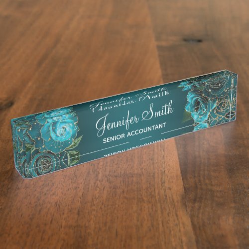 Gold Glitter and Teal Glam Roses Desk Name Plate