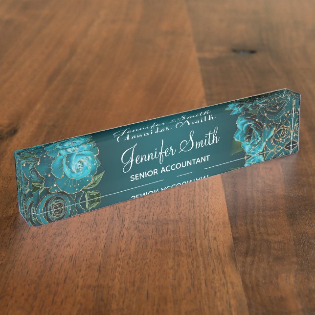 Gold Glitter and Teal Glam Roses Desk Name Plate (Side)