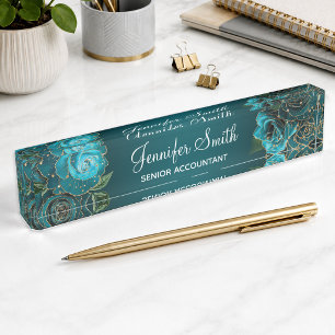 Gold Glitter and Teal Glam Roses Desk Name Plate