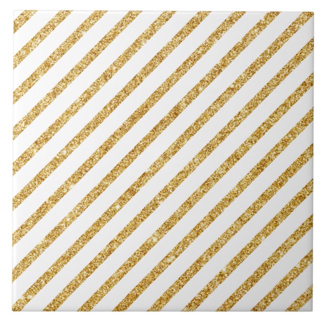 Gold Glitter and White Diagonal Stripes Pattern Ceramic Tile (Front)