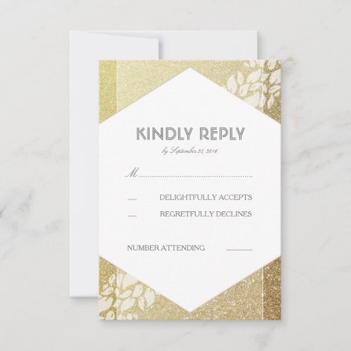Gold Glitter and White Leaves Wedding RSVP Cards - Gold glitter wedding reply cards