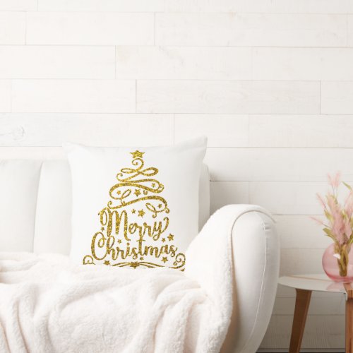 Gold Glitter and White Merry Christmas Tree Throw Pillow