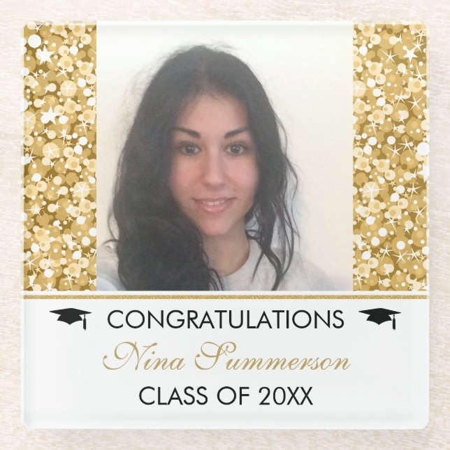 Gold Glitter And White Sparks- Graduations Glass Coaster (Front)