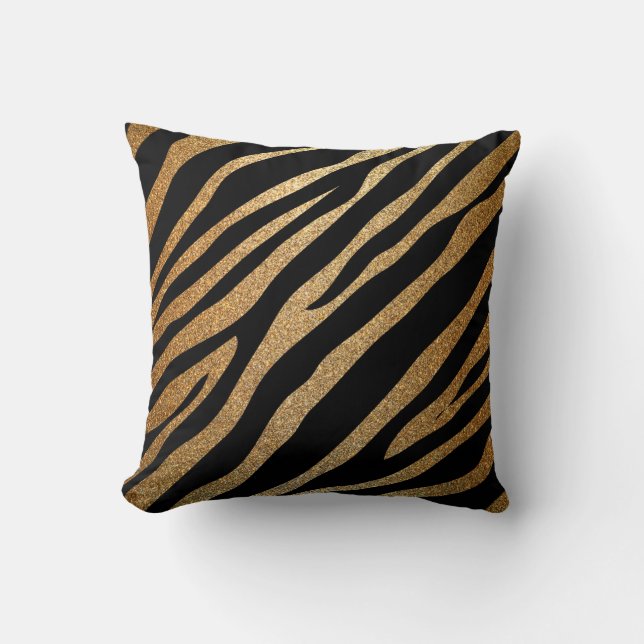 Gold Glitter Animal Zebra Tiger Print Girly Throw Pillow (Front)