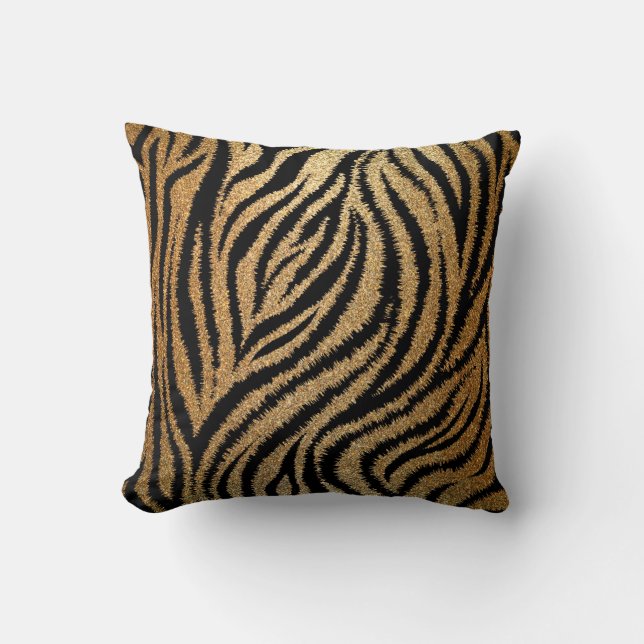 Gold Glitter Animal Zebra Tiger Print Girly Throw  Throw Pillow (Front)