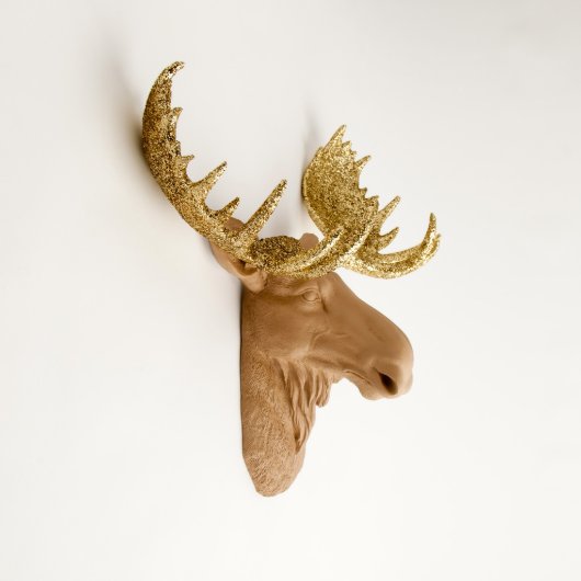 Gold Glitter Antlers on Tan Faux Moose Head (3/4)