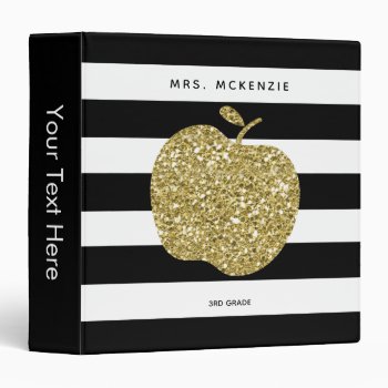 Gold Glitter Apple Black Stripes | Teacher Binder by DearHenryDesign at Zazzle
