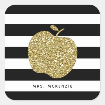 Gold Glitter Apple | Personalized Teacher Stickers by DearHenryDesign at Zazzle