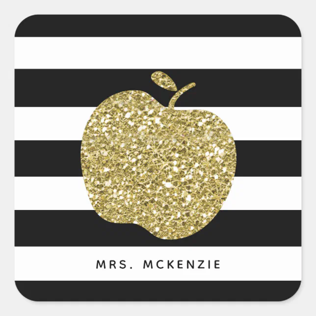 Gold Glitter Apple | Personalized Teacher Stickers | Zazzle
