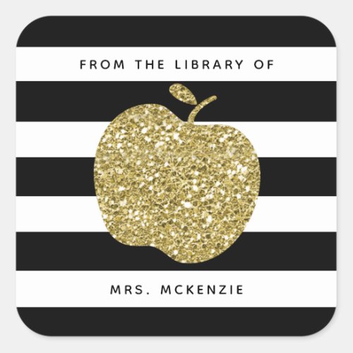 Gold Glitter Apple  Teacher Bookplate Stickers