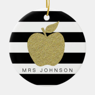 Gold glitter apple thank you teacher christmas ceramic ornament