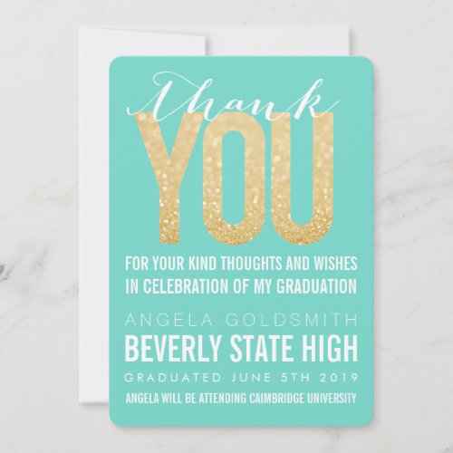 Gold Glitter Aqua Graduation Thank You Card