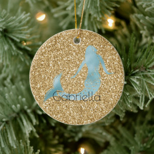 Gold Glitter Aqua Mermaid Personalized Ceramic Ornament