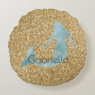 Gold Glitter Aqua Mermaid Personalized Round Pillow