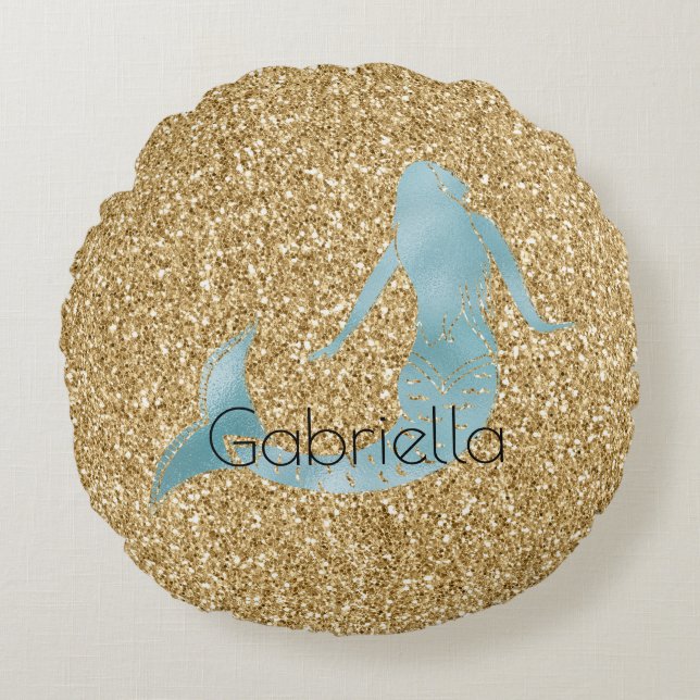 Gold Glitter Aqua Mermaid Personalized Round Pillow (Front)