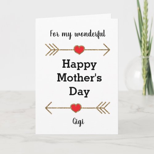 Gold Glitter Arrows Hearts Happy Mothers Day Gigi Card