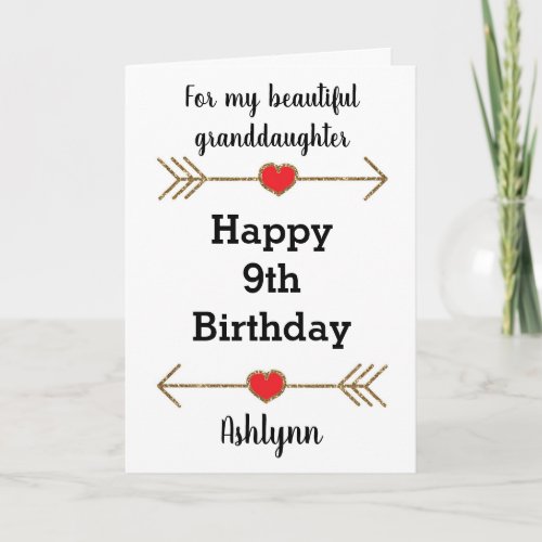 Gold Glitter Arrows  Red Hearts 9th Birthday Card
