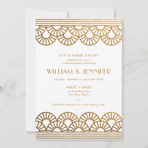 Gold Glitter Art Deco Fan Rehearsal Dinner Invitation