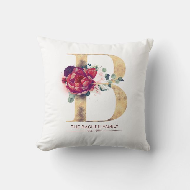 Gold Glitter B Monogram Floral Burgundy Red Throw Pillow (Front)