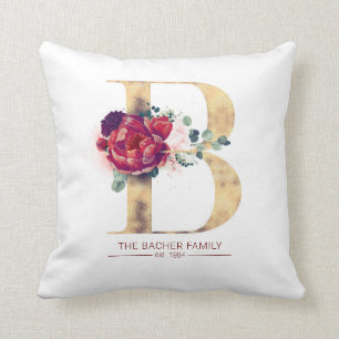 Gold Glitter B Monogram Floral Burgundy Red Throw Pillow