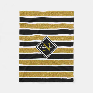 Gold Glitter B&W Stripes w/ Name & Monogram Fleece Blanket