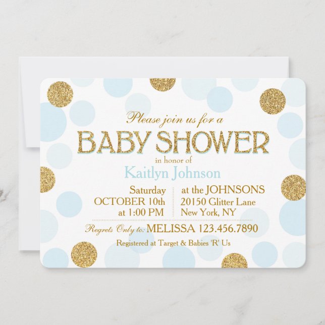 Gold Glitter Baby Blue Scattered Dots Baby Shower Invitation (Front)