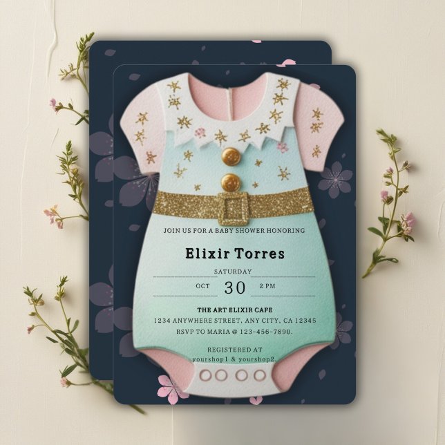 Gold Glitter Baby Clothes Floral Baby Shower Invitation (Creator Uploaded)