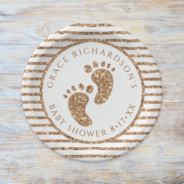 Gold Glitter Baby Feet Baby Shower Personalized  Paper Plates (Baby Shower Gold Glitter Party Plates)