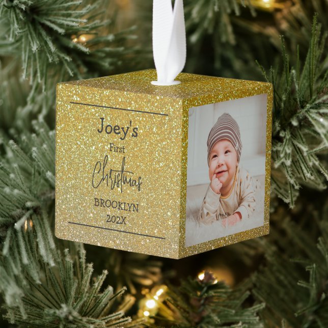 Gold Glitter baby first Christmas three Photo  Cube Ornament (Tree)