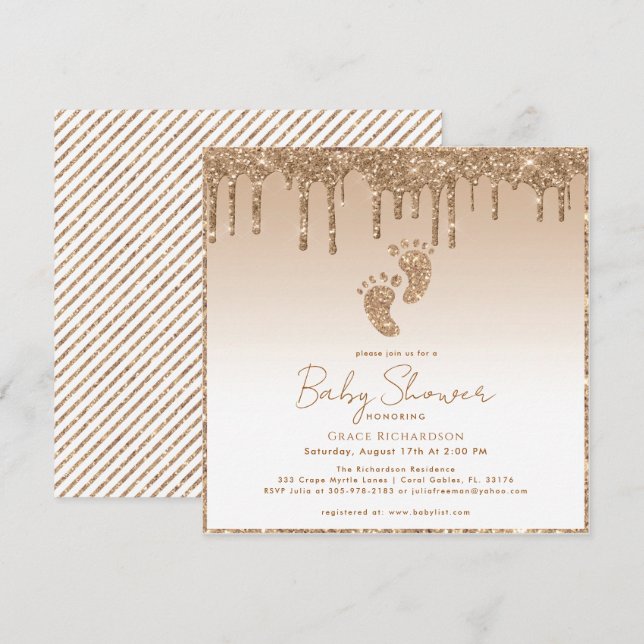 Gold Glitter Baby Shower Invitation with Baby Feet (Front/Back)