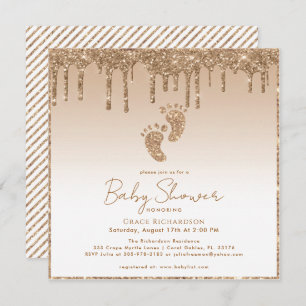 Gold Glitter Baby Shower Invitation with Baby Feet