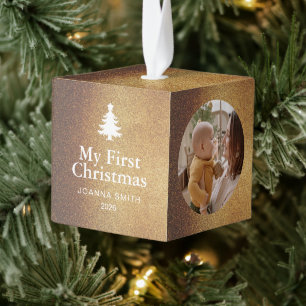 Gold Glitter Baby's First Christmas Name Photo  Cube Ornament
