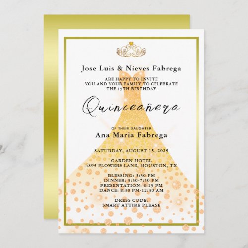 Gold Glitter Ball Gown Tiara Quinceaera Birthday Invitation