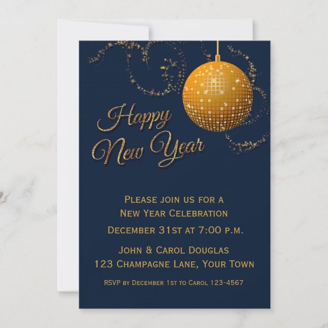 Gold Glitter Ball, Navy Blue, New Years Eve Invitation (Front)
