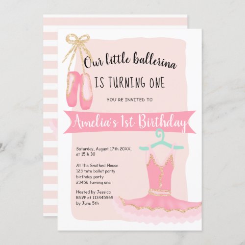 Gold glitter ballerina tutu 1st birthday party invitation