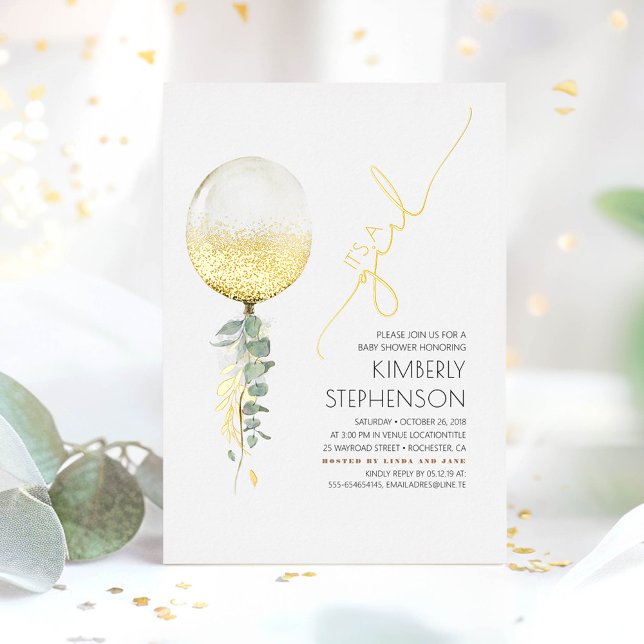 Gold Glitter Balloon Cute Baby Shower It's A Girl Foil Invitation (Real Gold Foil Greenery Baby Shower Invitation)