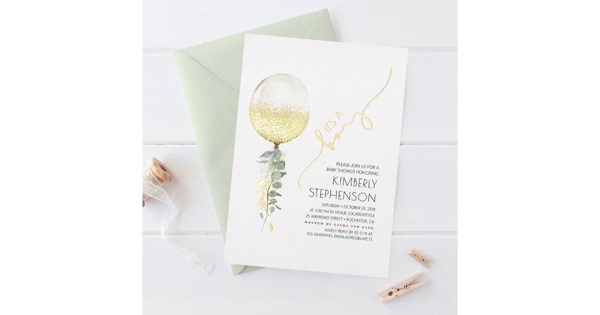 Gold Glitter Balloon Modern Baby Shower It's A Boy Foil Invitation | Zazzle