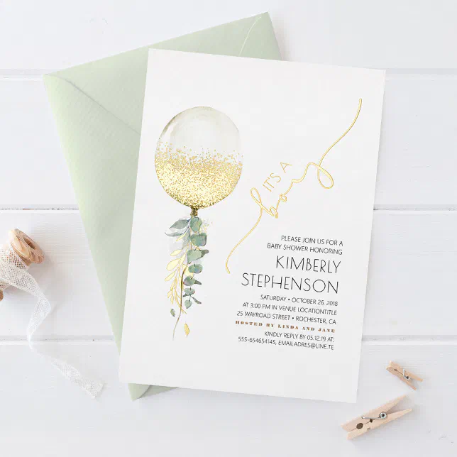Gold Glitter Balloon Modern Baby Shower It's A Boy Foil Invitation | Zazzle