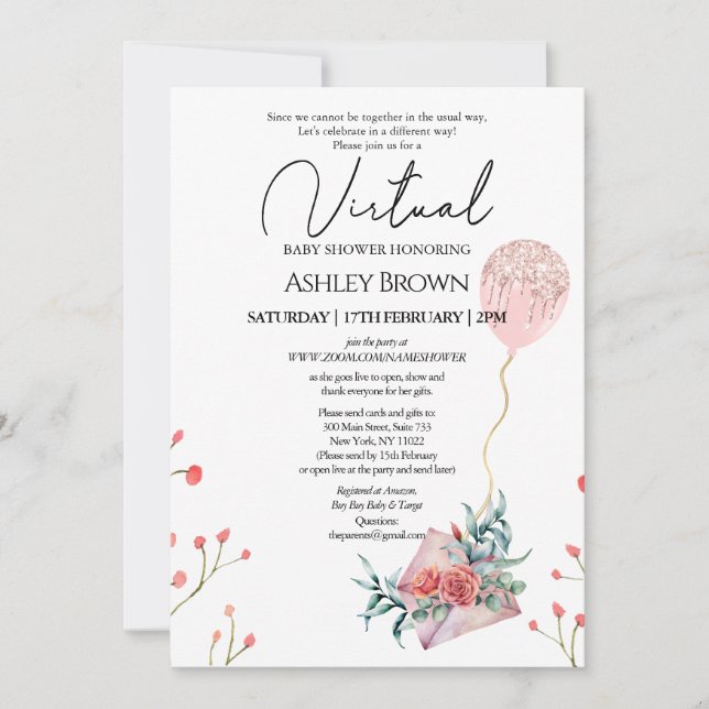 Gold Glitter Balloon Pink Floral Virtual Shower Invitation (Front)