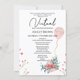 Gold Glitter Balloon Pink Floral Virtual Shower Invitation