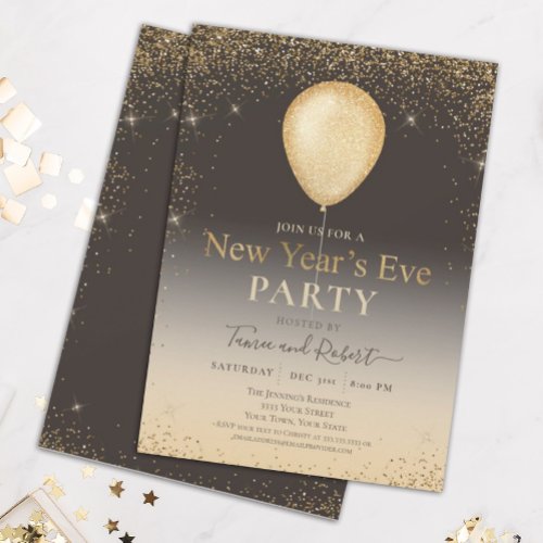 Gold Glitter Balloon Taupe New Years Eve Party In Invitation