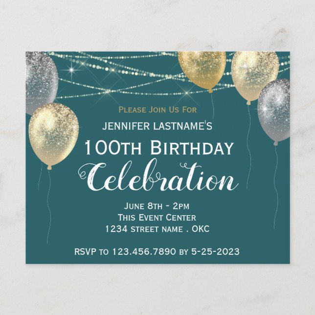 Gold Glitter Balloons 100th Birthday Party (Front)