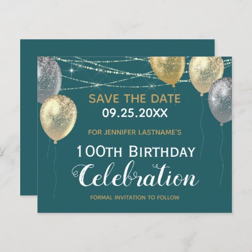 Gold Glitter Balloons 100th Birthday Save the Date