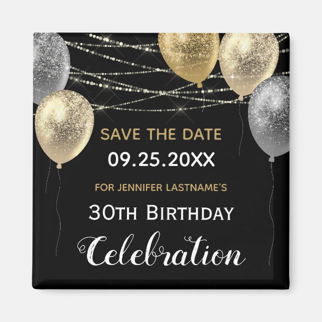Gold Glitter Balloons 30th Birthday Save the Date Magnet (Front)